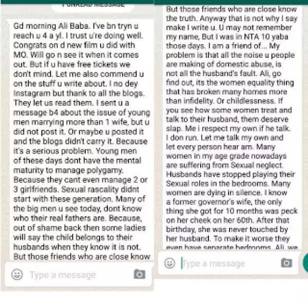 Ali Baba Shares Emotional Whatsapp Messages Sent To Him By An Unhappy Nigerian Wife [Read]